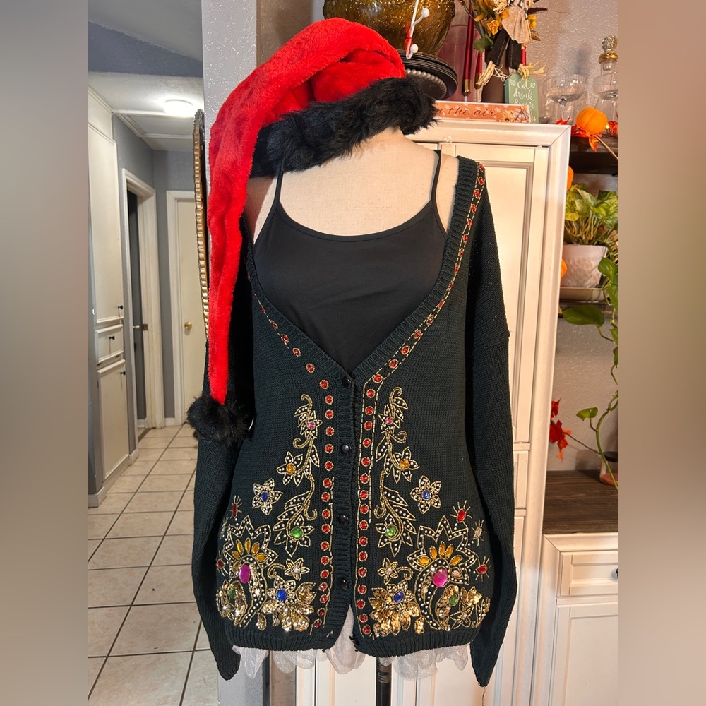 Holiday‎ Sweater Cardigan Beaded Sequins Vintage Large
